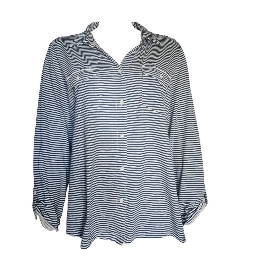 Croft & Barrow Button Down Shirt Womens Size XL Blue White Striped Long Sleeve